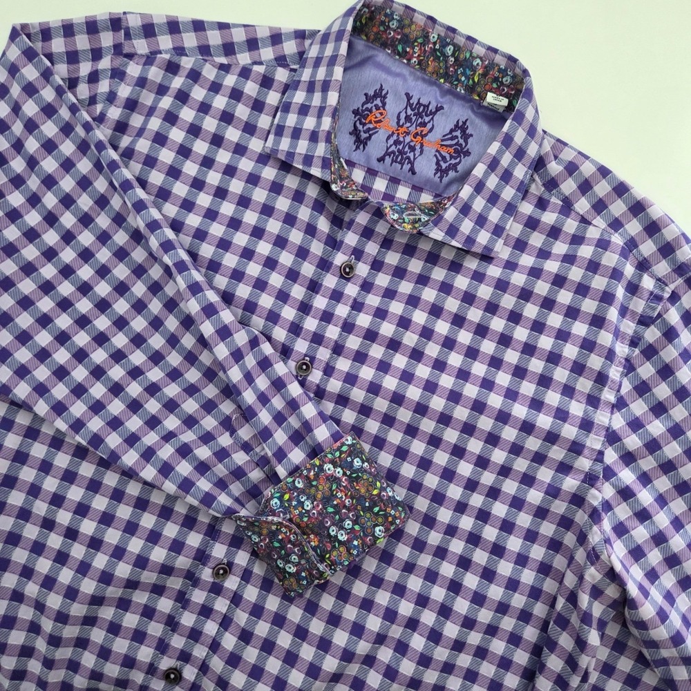 Robert Graham Mens Large Classic Fit Purple Gingham Cotton Button‎ Down Shirt L